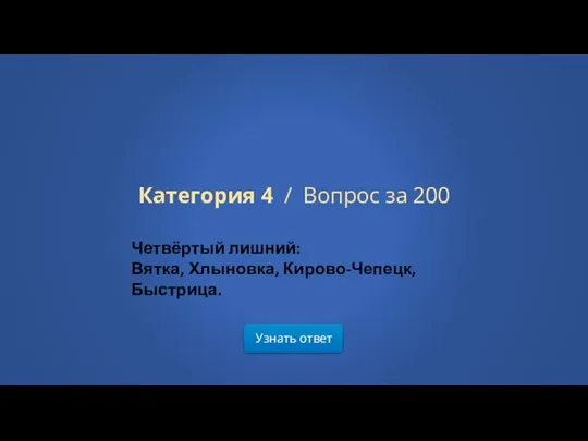 Узнать ответ Категория 4 / Вопрос за 200 Четвёртый лишний: Вятка, Хлыновка, Кирово-Чепецк, Быстрица.