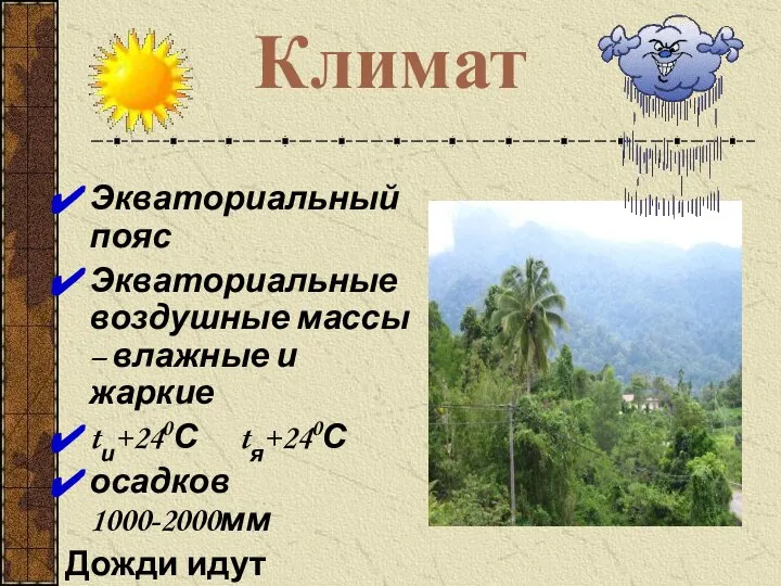 Климат Экваториальный пояс Экваториальные воздушные массы – влажные и жаркие tи+240С