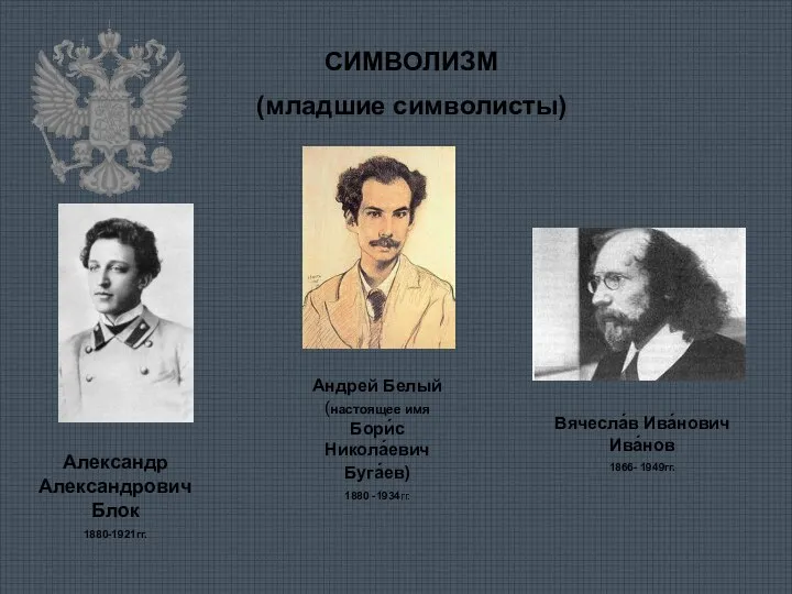 СИМВОЛИЗМ (младшие символисты) Александр Александрович Блок 1880-1921гг. Андрей Белый (настоящее имя