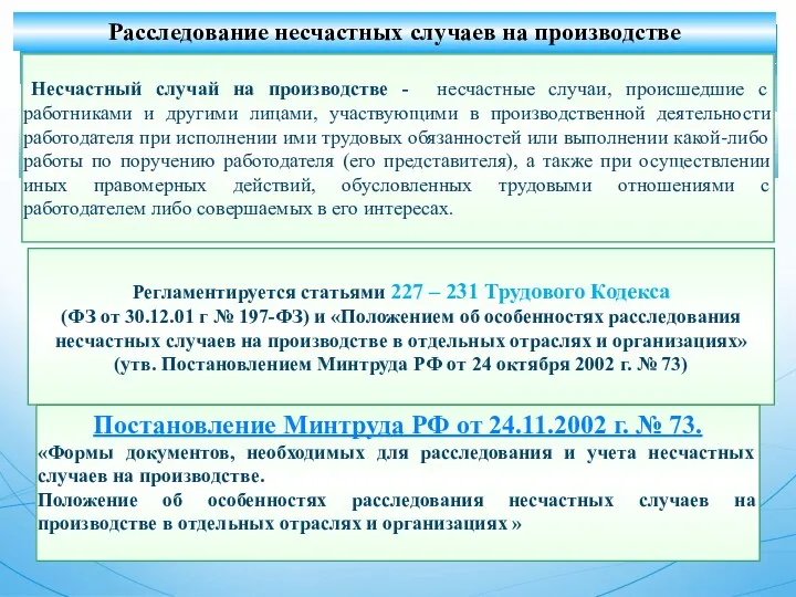 Расследование несчастных случаев на производстве Регламентируется статьями 227 – 231 Трудового