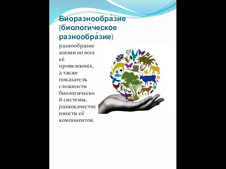 Биоразнообра́зие (биологи́ческое разнообра́зие) разнообразие жизни во всех её проявлениях, а также