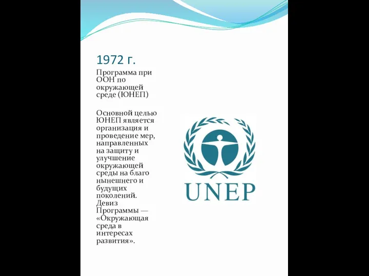 1972 г. Программа при ООН по окружающей среде (ЮНЕП) Основной целью