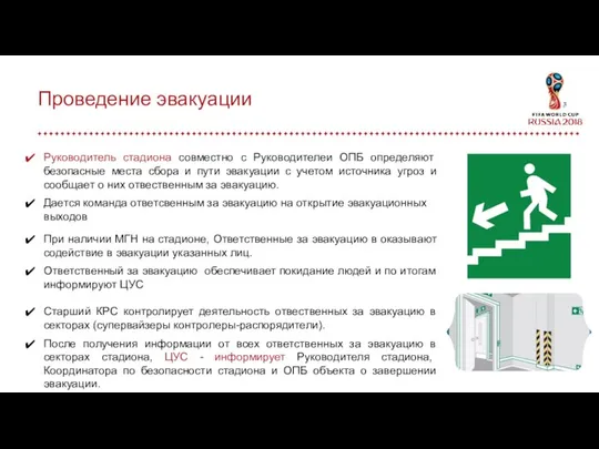 Проведение эвакуации Руководитель стадиона совместно с Руководителеи ОПБ определяют безопасные места