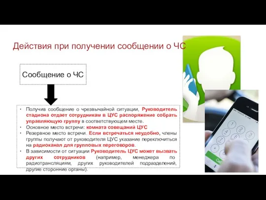 Действия при получении сообщении о ЧС Получив сообщение о чрезвычайной ситуации,