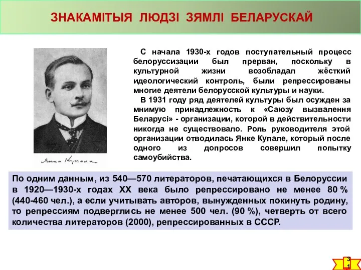 ЗНАКАМІТЫЯ ЛЮДЗІ ЗЯМЛІ БЕЛАРУСКАЙ С начала 1930-х годов поступательный процесс белоруссизации