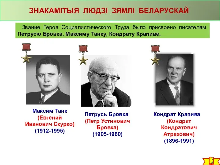 ЗНАКАМІТЫЯ ЛЮДЗІ ЗЯМЛІ БЕЛАРУСКАЙ Звание Героя Социалистического Труда было присвоено писателям