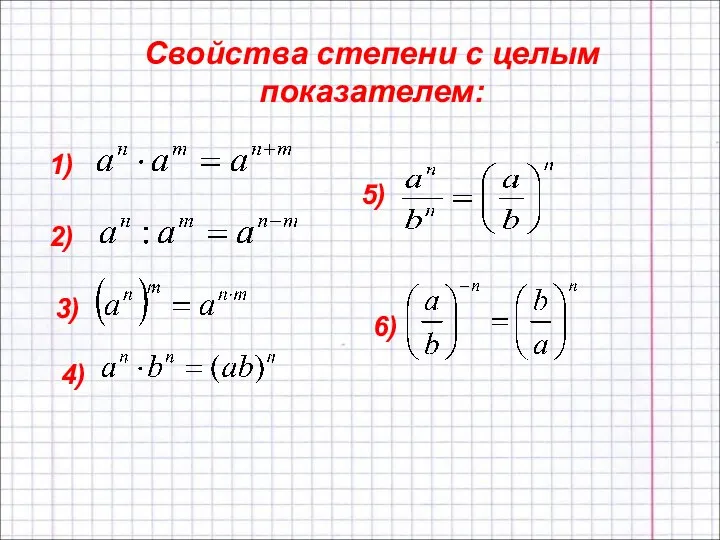 Свойства степени с целым показателем: 1) 2) 3) 4) 5) 6)