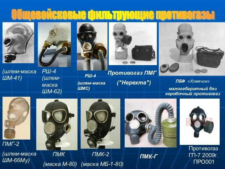 Общевойсковые фильтрующие противогазы РШ-4 (шлем-маска ШМС) РШ-4 (шлем-маска ШМ-62) Противогаз ПМГ