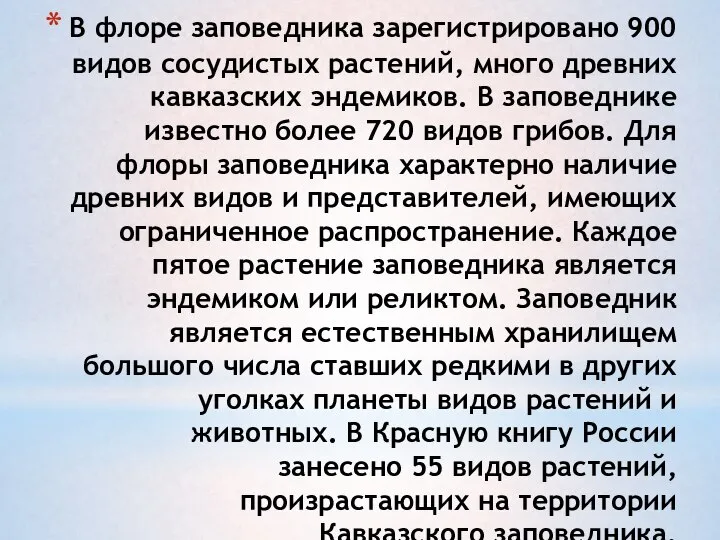 В флоре заповедника зарегистрировано 900 видов сосудистых растений, много древних кавказских