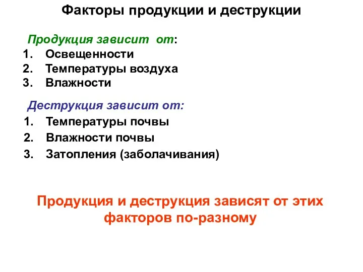 Факторы продукции и деструкции Продукция зависит от: Освещенности Температуры воздуха Влажности