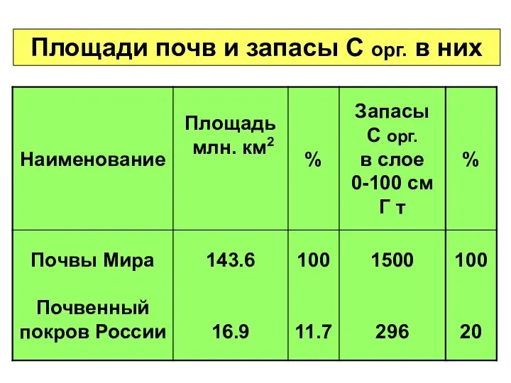 Площади почв и запасы С орг. в них