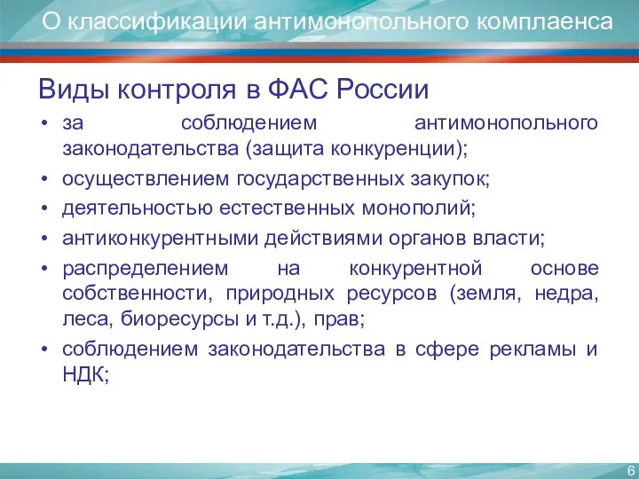О классификации антимонопольного комплаенса Виды контроля в ФАС России за соблюдением