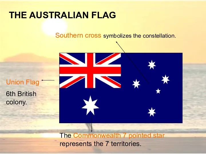 THE AUSTRALIAN FLAG Union Flag 6th British colony. The Commonwealth 7