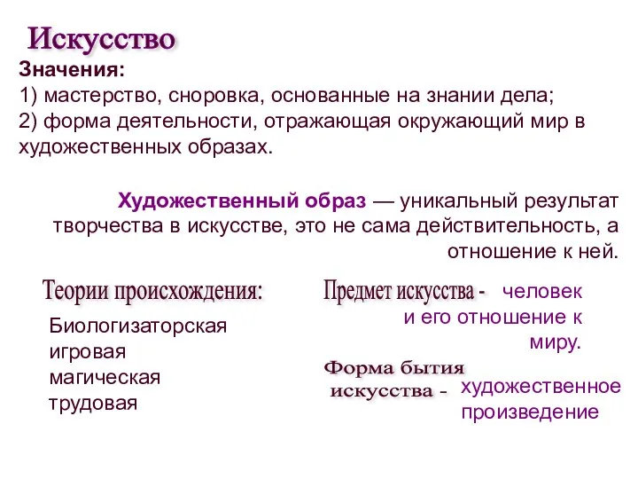 Значения: 1) мастерство, сноровка, основанные на знании дела; 2) форма деятельности,