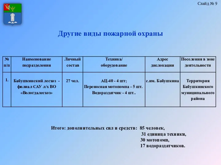 Другие виды пожарной охраны Слайд № 9 Итого: дополнительных сил и