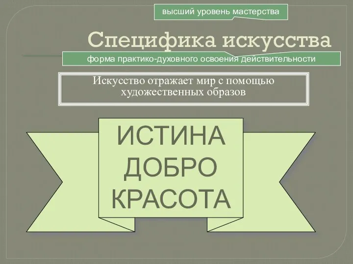 Специфика искусства Искусство отражает мир с помощью художественных образов высший уровень