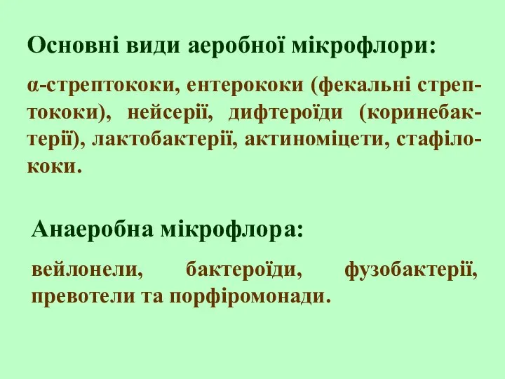 Основні види аеробної мікрофлори: α-стрептококи, ентерококи (фекальні стреп-тококи), нейсерії, дифтероїди (коринебак-терії),