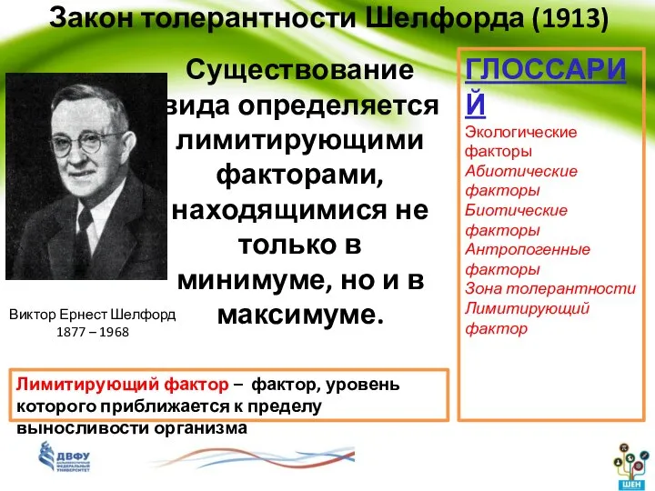 Закон толерантности Шелфорда (1913) Существование вида определяется лимитирующими факторами, находящимися не