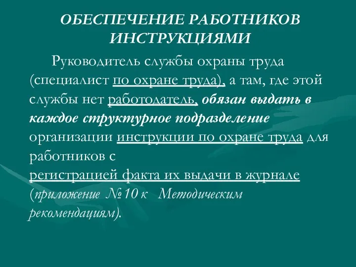 ОБЕСПЕЧЕНИЕ РАБОТНИКОВ ИНСТРУКЦИЯМИ Руководитель службы охраны труда (специалист по охране труда),