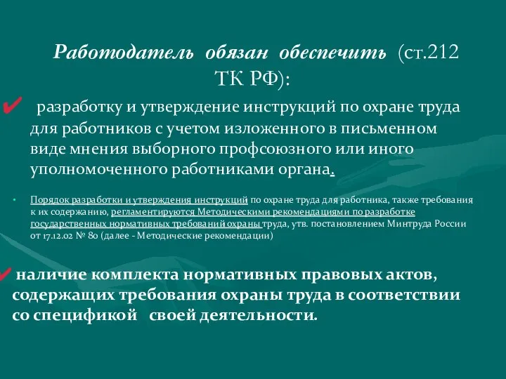 Работодатель обязан обеспечить (ст.212 ТК РФ): разработку и утверждение инструкций по