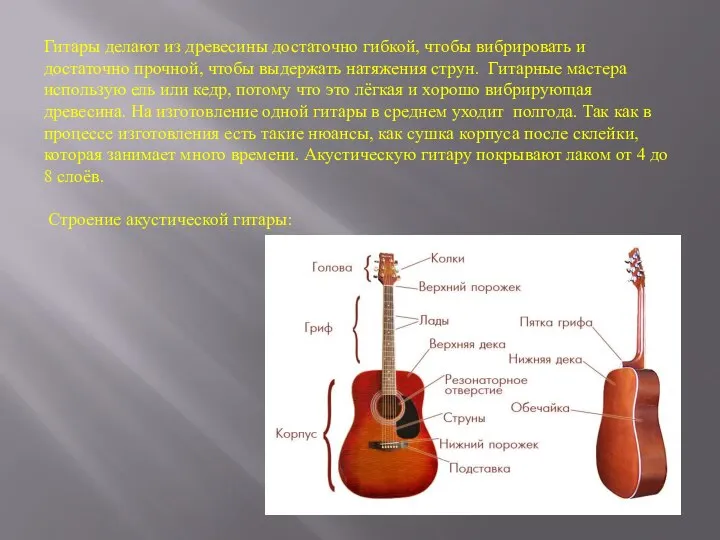 Гитары делают из древесины достаточно гибкой, чтобы вибрировать и достаточно прочной,