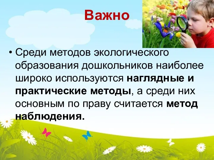 Важно Среди методов экологического образования дошкольников наиболее широко используются наглядные и