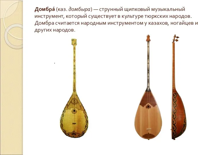 Домбра́ (каз. домбыра) — струнный щипковый музыкальный инструмент, который существует в