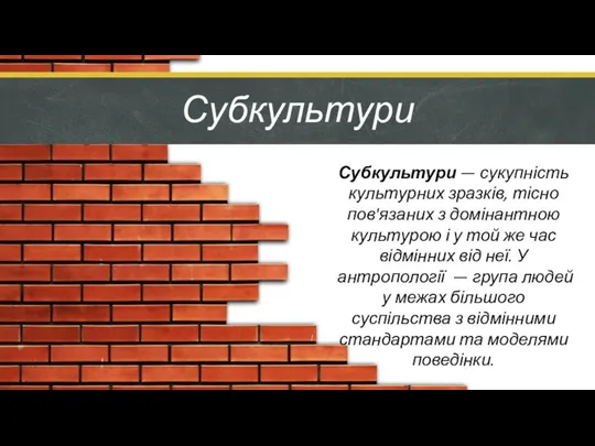 Субкультури — сукупність культурних зразків, тісно пов'язаних з домінантною культурою і