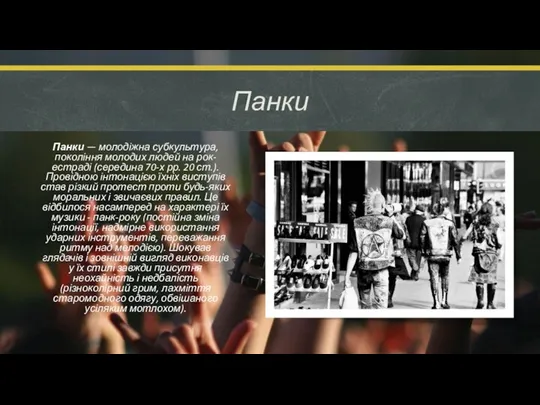 Панки Панки — молодіжна субкультура, покоління молодих людей на рок-естраді (середина