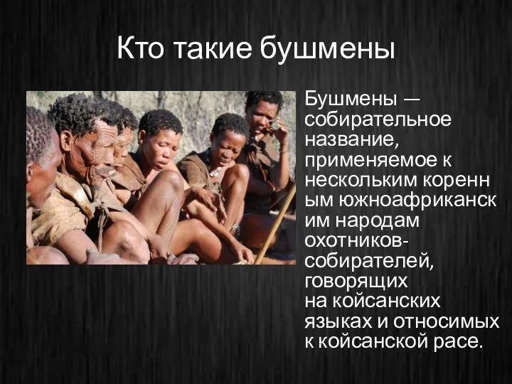 Кто такие бушмены Бушмены — собирательное название, применяемое к нескольким коренным