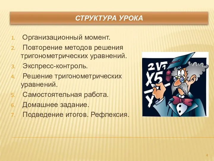 СТРУКТУРА УРОКА Организационный момент. Повторение методов решения тригонометрических уравнений. Экспресс-контроль. Решение