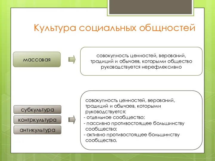 массовая субкультура совокупность ценностей, верований, традиций и обычаев, которыми общество руководствуется