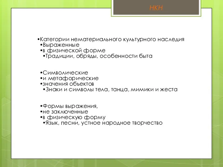 Категории нематериального культурного наследия Выраженные в физической форме Традиции, обряды, особенности