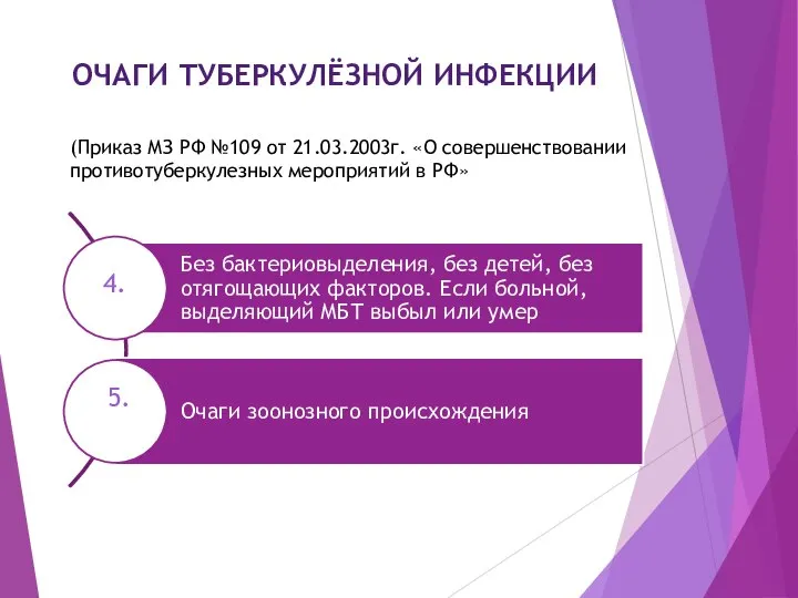 ОЧАГИ ТУБЕРКУЛЁЗНОЙ ИНФЕКЦИИ (Приказ МЗ РФ №109 от 21.03.2003г. «О совершенствовании