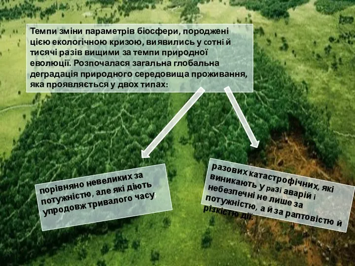 Темпи зміни параметрів біосфери, породжені цією екологічною кризою, виявились у coтнi