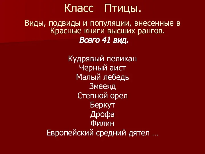 Класс Птицы. Виды, подвиды и популяции, внесенные в Красные книги высших