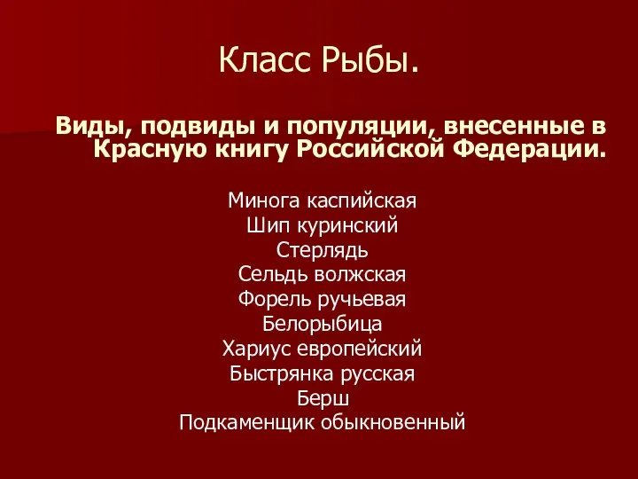 Класс Рыбы. Виды, подвиды и популяции, внесенные в Красную книгу Российской