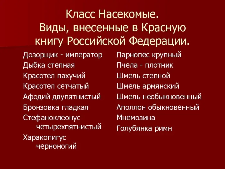 Класс Насекомые. Виды, внесенные в Красную книгу Российской Федерации. Дозорщик -