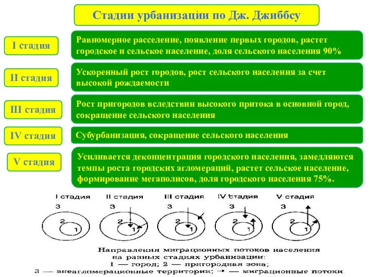 Стадии урбанизации по Дж. Джиббсу . Равномерное расселение, появление первых городов,