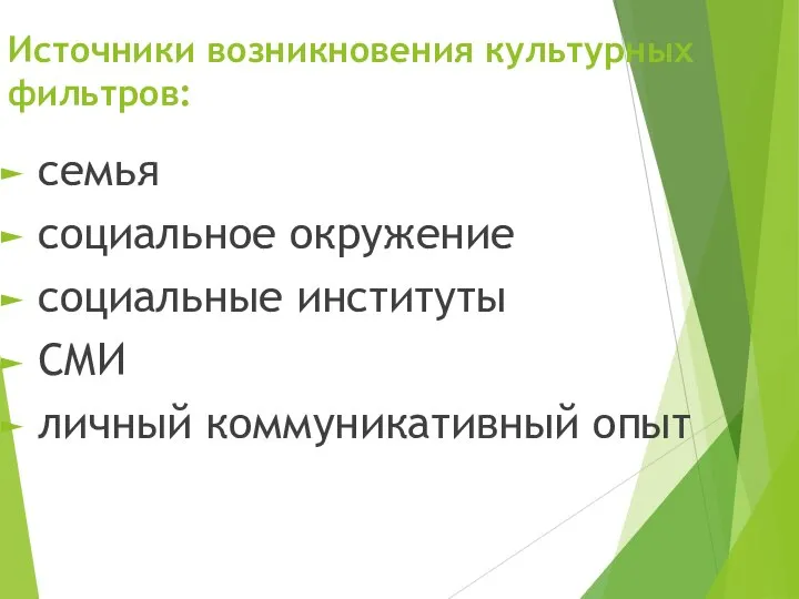 Источники возникновения культурных фильтров: семья социальное окружение социальные институты СМИ личный коммуникативный опыт