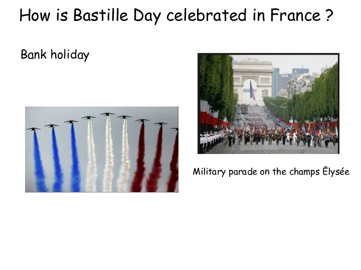 How is Bastille Day celebrated in France ? Military parade on the champs Ēlysée Bank holiday