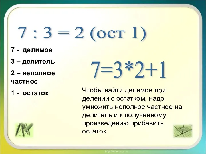 7 : 3 = 2 (ост 1) 7 - делимое 3