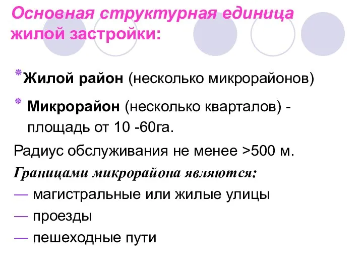 Основная структурная единица жилой застройки: ٭Жилой район (несколько микрорайонов) ٭ Микрорайон