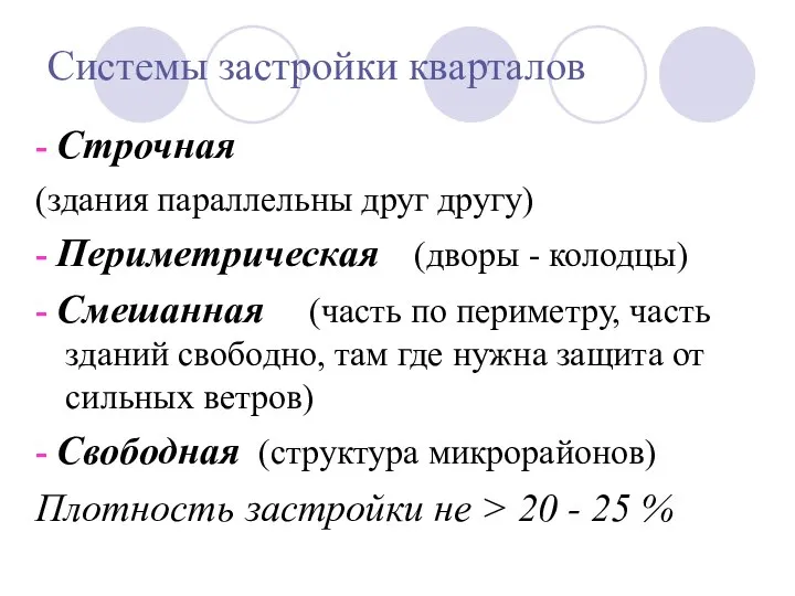 Системы застройки кварталов - Строчная (здания параллельны друг другу) - Периметрическая