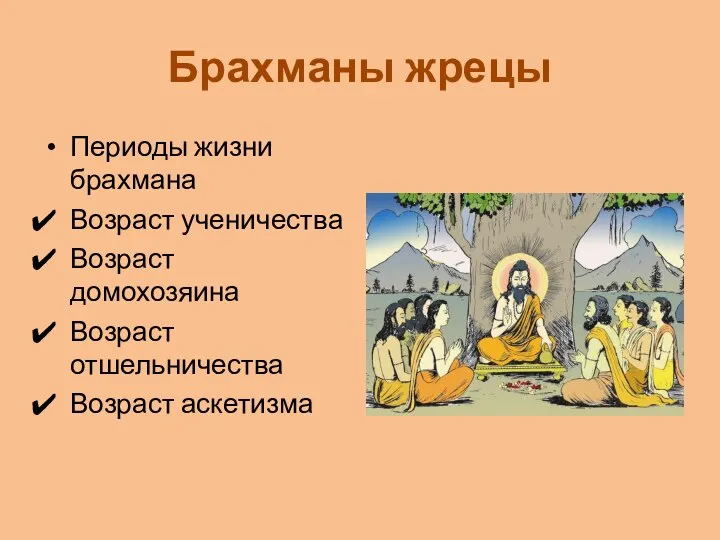 Брахманы жрецы Периоды жизни брахмана Возраст ученичества Возраст домохозяина Возраст отшельничества Возраст аскетизма