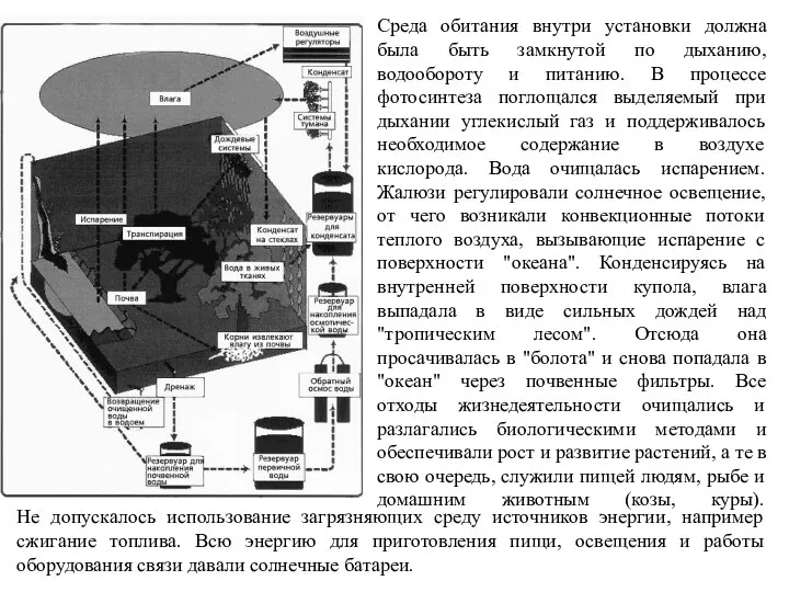 Среда обитания внутри установки должна была быть замкнутой по дыханию, водообороту