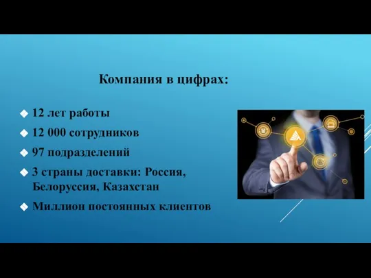 Компания в цифрах: 12 лет работы 12 000 сотрудников 97 подразделений