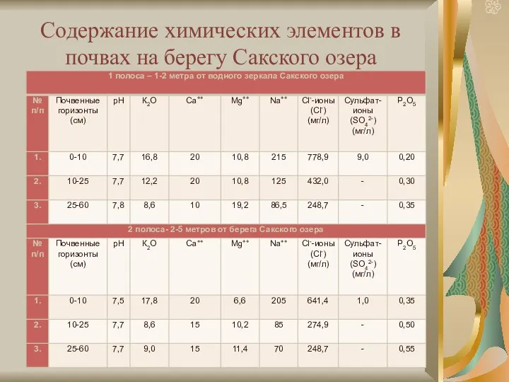 Содержание химических элементов в почвах на берегу Сакского озера