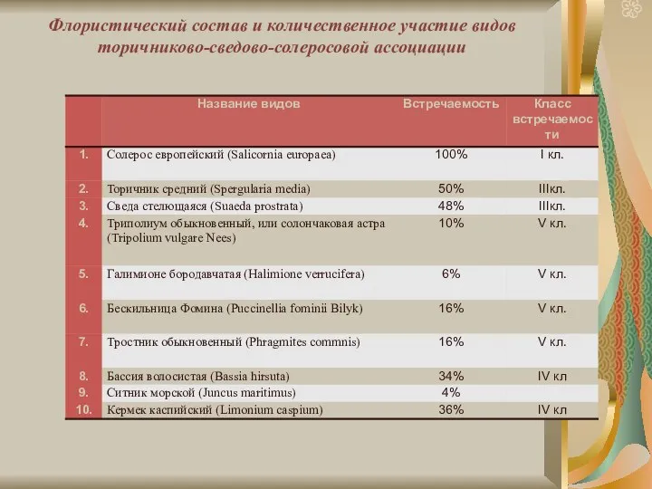 Флористический состав и количественное участие видов торичниково-сведово-солеросовой ассоциации