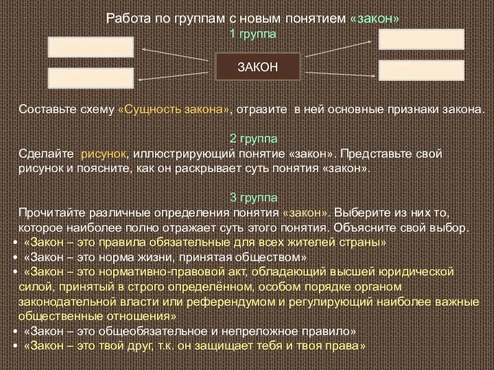 Работа по группам с новым понятием «закон» 1 группа Составьте схему